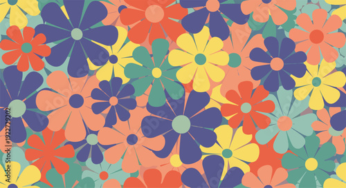 Groovy and vibrant seamless pattern of colorful daisy flowers in retro 70s style using shades of purple, orange, yellow, and blue green.