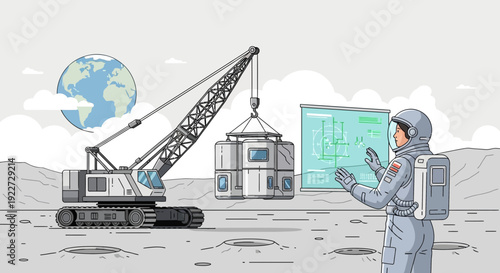 Astronaut Overseeing Lunar Construction with Crane and Habitat Module.