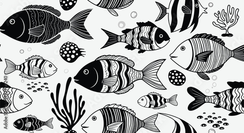 Detailed black and white seamless pattern featuring many different types of fish, round coral pieces, and bubbles on a light gray background.