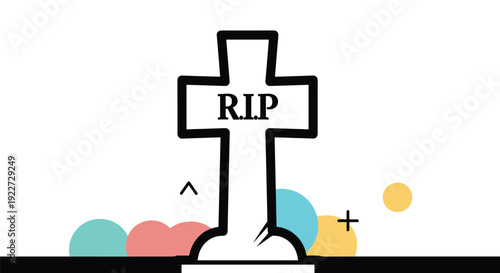 Simple black and white illustration of a cross shaped tombstone engraved with the letters R.I.P. standing on a dark ground with colorful shapes.