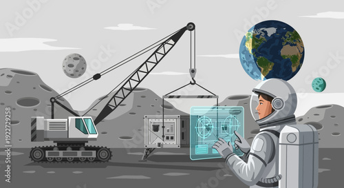 Astronaut operating futuristic holographic interface on lunar surface.