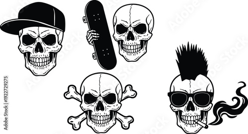 Tattoo flash close up punk skull with mohawk and sunglasses smoking cigarette and skateboard and baseball cap black vector illustration