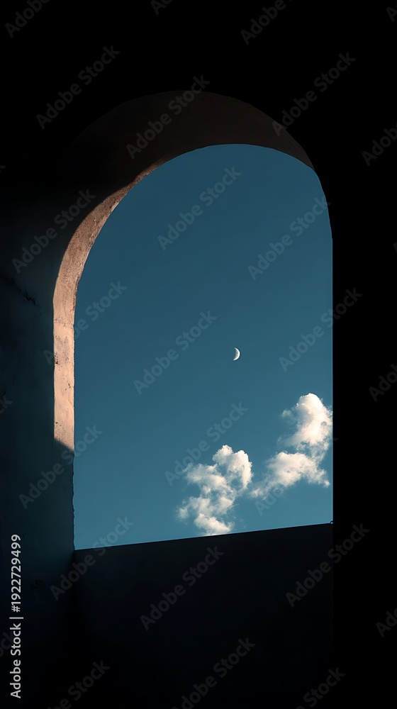Fototapeta premium Crescent moon and scattered white clouds visible through a dark architectural archway