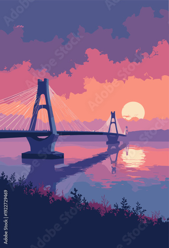 resund Bridge disappearing into horizon mist long perspective view cablestayed pylons dusk