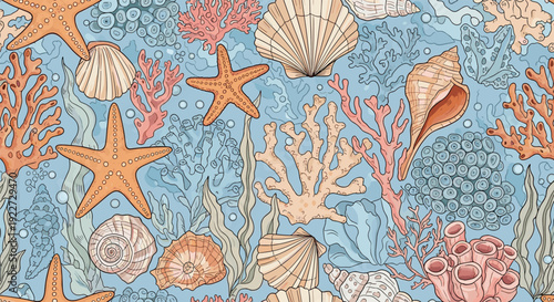Intricate and dense seamless pattern filled with various sea shells, starfish, coral, and seaweed in natural tones over a light blue background.