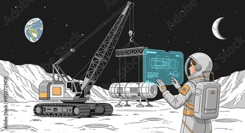 Astronaut Overseeing Lunar Construction with Heavy Machinery.