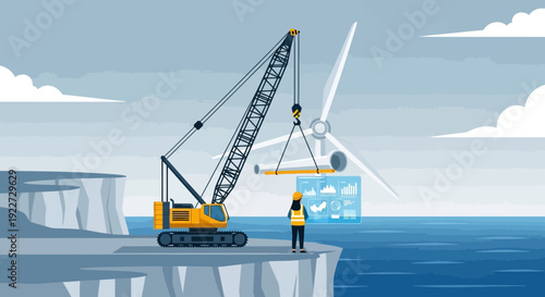 Construction worker and crane installing wind turbine component.
