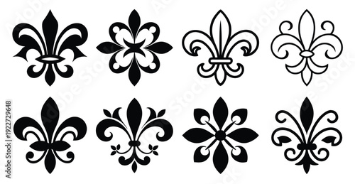 nine fleurdelis ornaments heraldic lilies isolated black