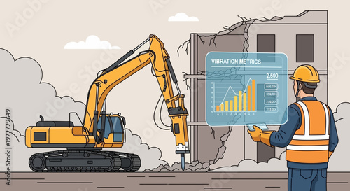 Construction worker monitors demolition progress with digital data.