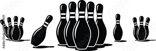 Minimalist vector black bowling pins arranged in falling and standing groups close up side angle high contrast simple silhouette monochrome