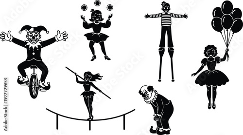 Flat vector silhouette circus performers juggling unicycle tightrope stilt walker clown girl with balloons smiling close up costume side view
