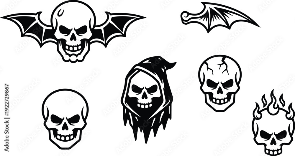 Fototapeta premium Tattoo flash skull set close up grim reaper hood skull with cracked forehead flaming skull and bat wing skull halloween
