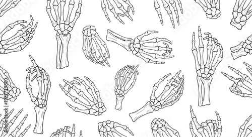 Eerie seamless pattern of human skeleton hands in various poses perfect for halloween decorations and spooky backgrounds.