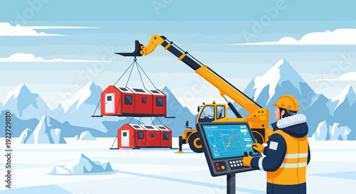 Construction worker operating a crane to lift a modular house in a snowy landscape.