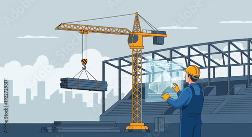 Construction worker operating a crane with advanced technology.