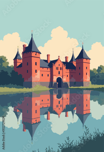 Malm Castle Malmhus red brick walls reflecting moat peaceful, historic composition