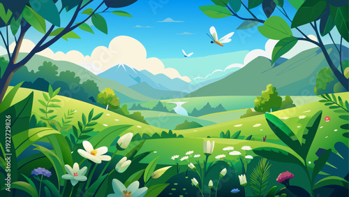 A vibrant landscape of lush green hills and a clear blue sky with scattered white clouds.