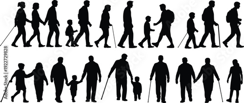 Human life stages silhouette collection showing walking people from childhood to old age including family interactions isolated on white background for aging concept