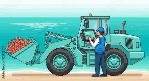 Construction worker operating a frontend loader with a full bucket.