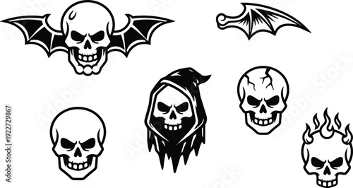 Tattoo flash skull set close up grim reaper hood skull with cracked forehead flaming skull and bat wing skull halloween