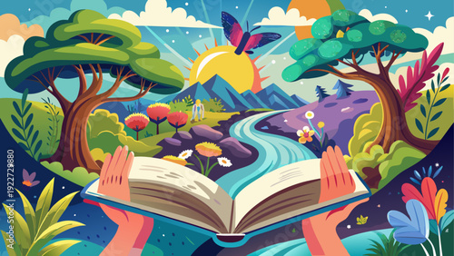 A vibrant and magical forest scene with an open book at its center.