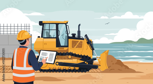 Construction worker overseeing bulldozer operation at a job site.