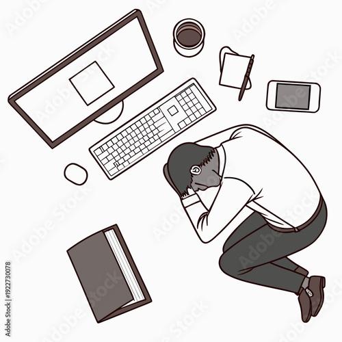 A man sleeping at his desk surrounded by office equipment