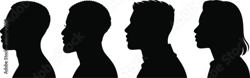 Human head profile silhouette collection featuring male and female side views isolated on white background for identity diversity and avatar design concepts