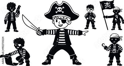 Flat design front view smiling child pirate with sword pointing and eye patch surrounded by pirate friends flag map parrot