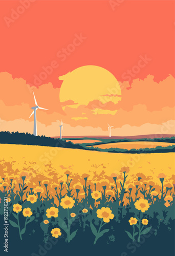 landscape Sknes yellow canola fields under vast, low Swedish sunset white windmill silhouette horizon