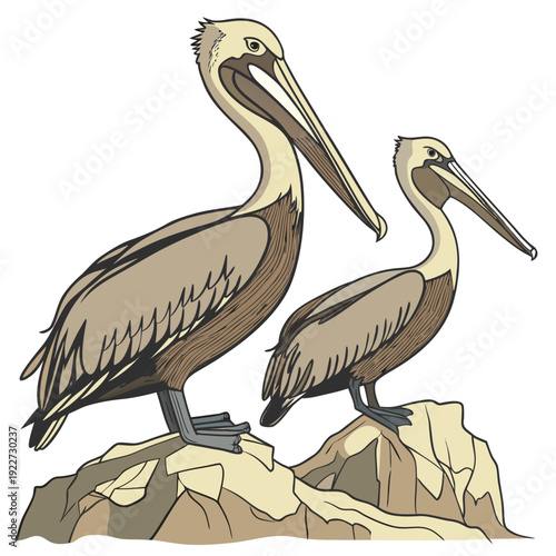 Two pelicans standing on a rocky outcrop