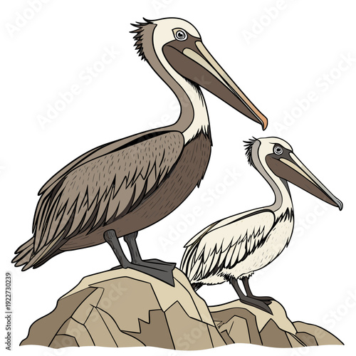 Two pelicans perched on a rocky outcrop looking out