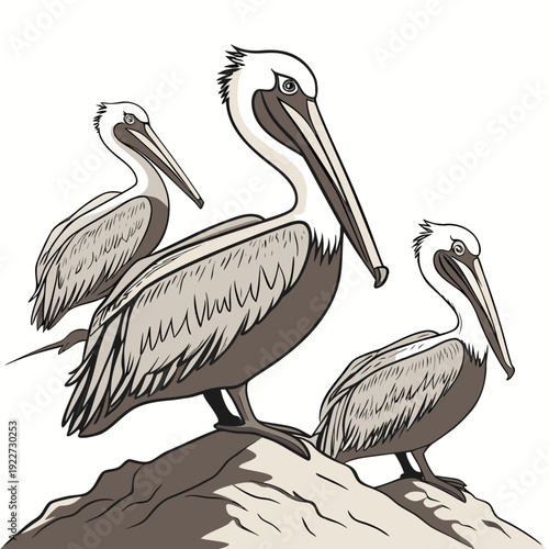 Three pelicans standing on a rocky outcrop