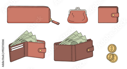 Collection of different wallets and coin purses along with paper money and gold coins for finance and shopping themes.