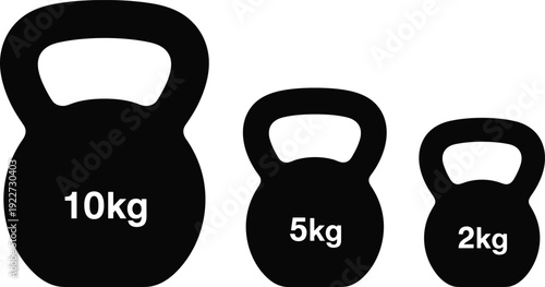 Kettlebell weights silhouette set with 10kg 5kg 2kg labels, fitness equipment icons, strength training and workout concept isolated vector illustration