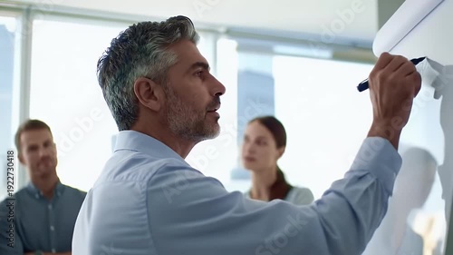 Mature business professional presents a strategy plan on a whiteboard to attentive colleagues in a modern office setting demonstrating leadership and collaborative teamwork
