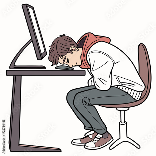 A cartoon man sleeping at his desk in front of a computer