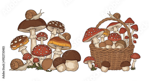 Wicker basket overflowing with wild mushrooms and small snails in a detailed and charming forest harvest illustration.
