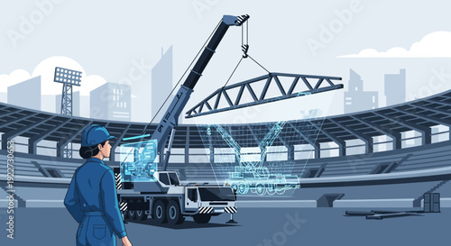 Construction worker overseeing crane operation at a stadium.
