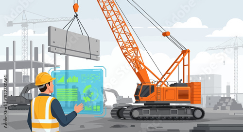 Construction worker overseeing crane operation with digital blueprint.