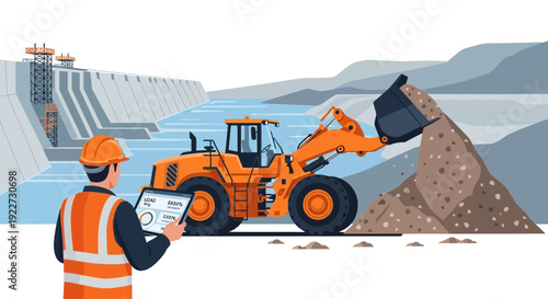 Construction worker overseeing front loader operations at a quarry.