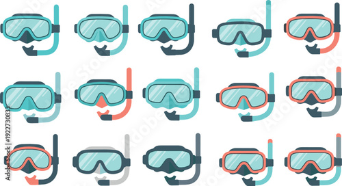 Scuba diving mask icon set flat vector collection of snorkeling goggles with breathing tube isolated on light background