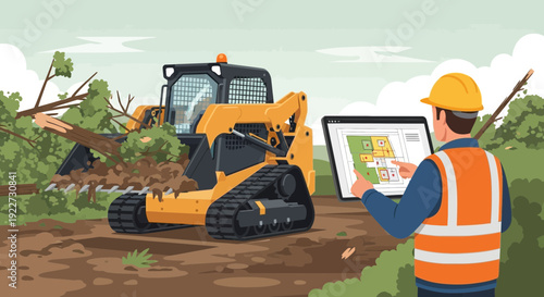 Construction worker with tablet overseeing site operations.