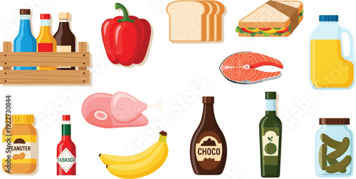 Healthy and Processed Food Vector Collection Featuring Fruits Bread Meat Sauces Oil and Packaged Grocery Products for Supermarket and Nutrition Design