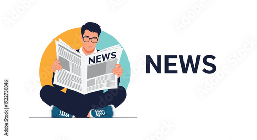 Professional man sitting on the ground and reading a printed newspaper in front of a colorful circular background.