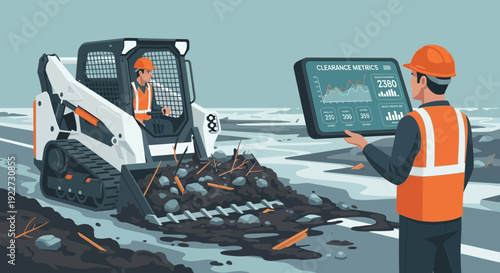 Construction workers with heavy machinery and digital tablet.