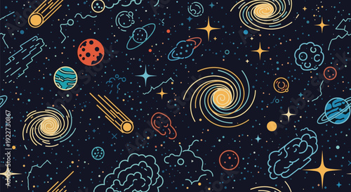 Endless seamless pattern of outer space featuring planets galaxies stars and shooting stars on a dark night sky.