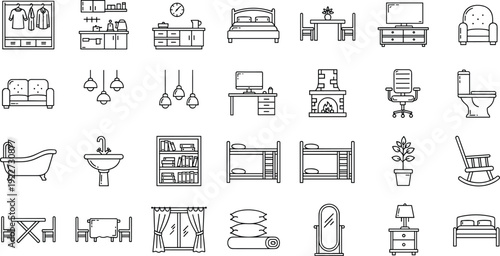 Home Furniture and Interior Line Icon Set Featuring Bedroom Living Room Kitchen Bathroom and Office Equipment for Real Estate and Decor