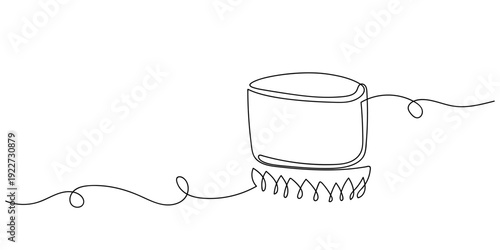 One line drawing, continuous single line: Cooking pot placed on a gas stove. Editable stroke.