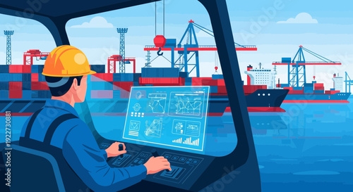 Crane operator managing cargo operations at a bustling port.